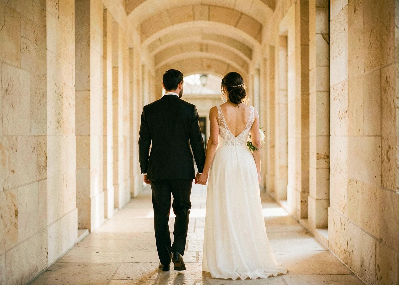 Couple walking through a stone colonnade at golden hour